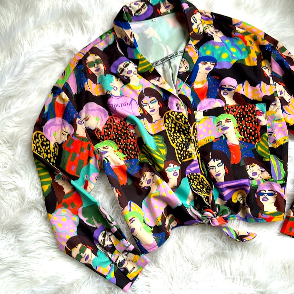Abstract Lady Face Tie Waist Button Up Blouse